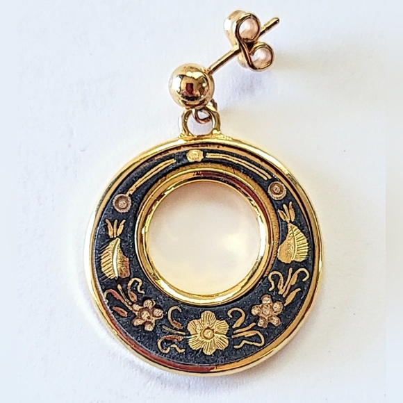 DAMASCENE HOOP EARRINGS - FOR PIERCED EARS - SIGNED GG - Picture 2 of 8